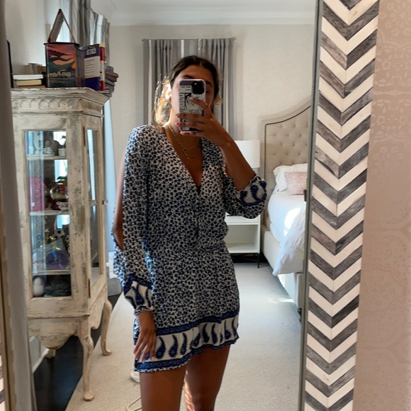 Blue and white floral romper , slits on the arms,S - Picture 1 of 3